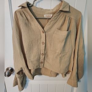 Medium Tan Listicle Cropped Button Up